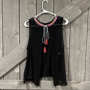 Anthropogie Eri + Ali Black Sleeveless Top with Embroidered Neckline